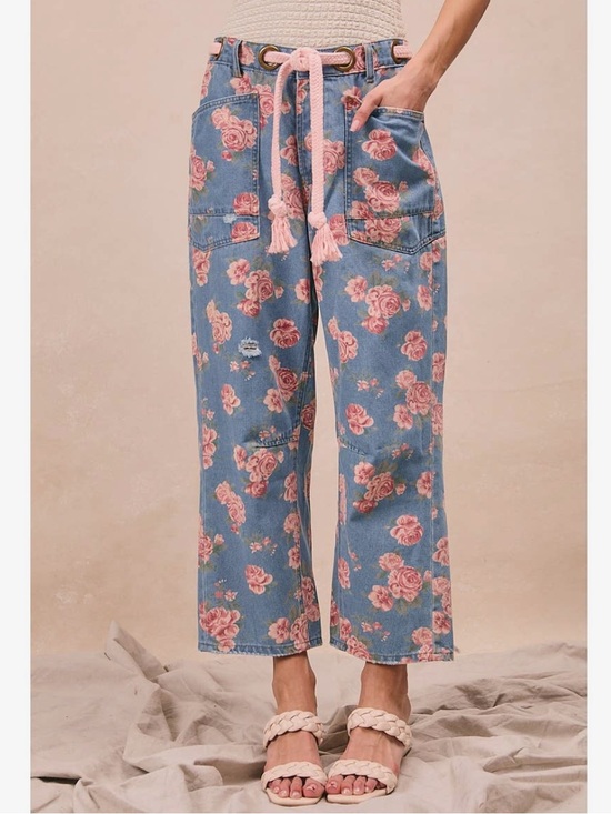 BiBi Pants - BiBi Blue Denim Ankle Floral Crop Pants with Pink Rose Print